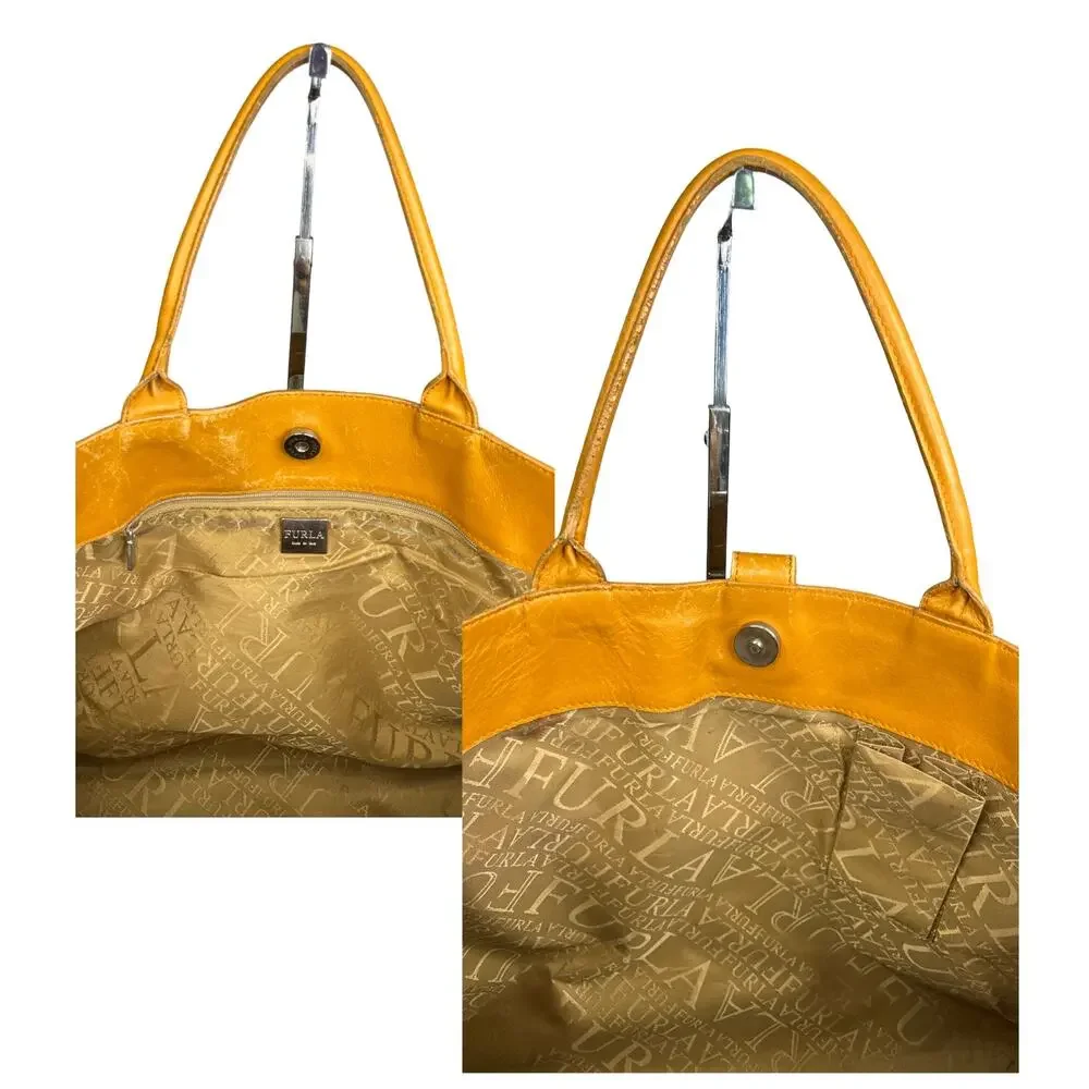 Furla Vintage Greta Tan Leather Large Tote Bag Satchel Made in Italy Mustard